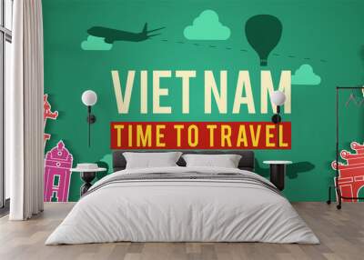 green banner of Vietnam famous landmark silhouette colorful style,plane and balloon fly around with cloud,vector illustration Wall mural