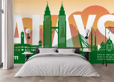 Malaysia famous landmark silhouette style,text within Wall mural