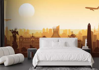 South america famous landmark silhouette style with row design on sunset time,vector illustration Wall mural