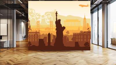 USA famous landmarks silhouette style with yellow and white color,vector illustration Wall mural