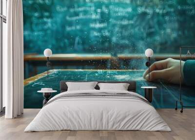 A hand cleaning a dusty, old chalkboard in a classroom with blurred writings in the background, illustrating education and learning. Wall mural