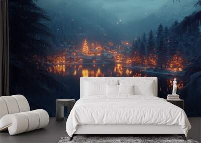 A serene winter landscape with a village illuminated by warm lights near a tranquil lake. Wall mural