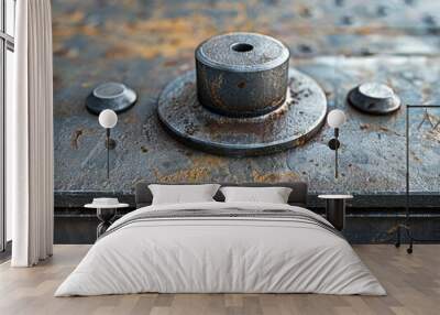 Close-up of a rusty metal surface with bolts and a central cylinder, showcasing industrial details and textures. Wall mural