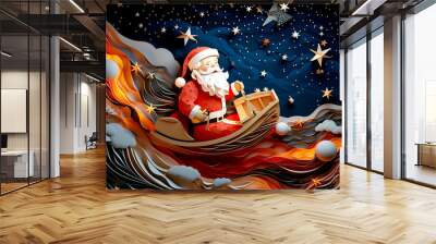 Santa Claus in Paper Boat with Stars and Clouds Wall mural