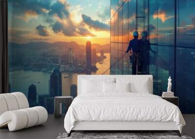 Skyscraper window cleaners at sunset, reflective glass building, urban city skyline, high-rise maintenance, breathtaking view, modern architecture Wall mural