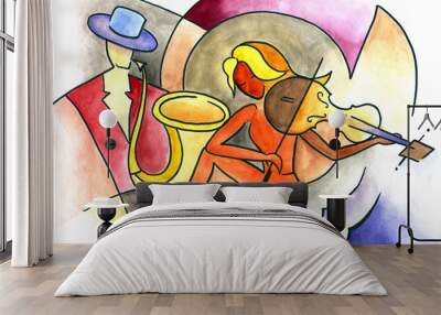 Abstract art design with violinist and trumpeter Wall mural