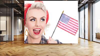 Excited retro woman celebrates 4th July, isolated on white Wall mural