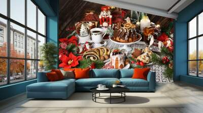 Christmas pastries on festive table in rustic style Wall mural