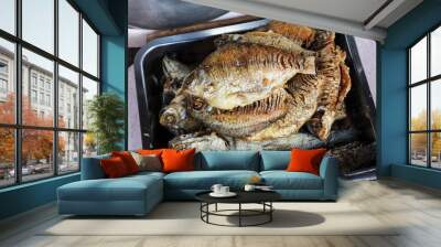 delicious fried fish on tray Wall mural