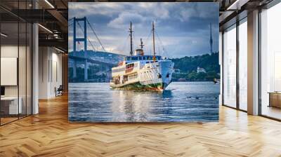 Istanbul, A ferry sails along the Bosphorus in the Besiktas area near the Ortakoy pier Wall mural