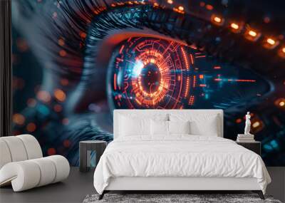 A futuristic cybernetic eye with glowing circuits and a digital interface. Wall mural