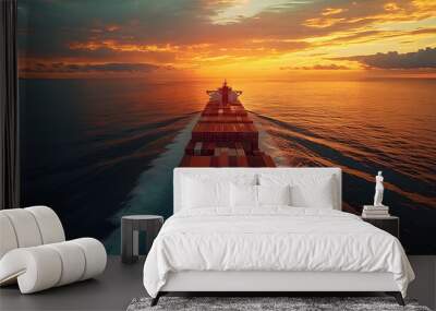 A large cargo ship sails towards the horizon at sunset, leaving a wake of white foam in its path. Wall mural