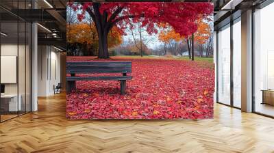 A lone bench sits in a park covered in red autumn leaves. Wall mural