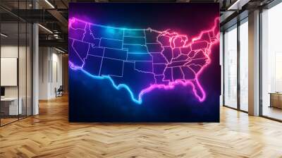 Neon outline of the United States map with pink and blue glowing lines against a dark background. Wall mural