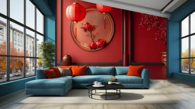 Red room with a window, two red lanterns, a potted tree with red flowers, and a circular wall decoration with flowers. Wall mural