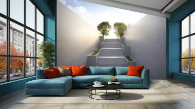 Empty concrete wall and floor in city park. 3d rendering of outdoor stairs with blue sky background. Wall mural