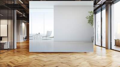 indoor plant on white floor with empty concrete wall background, lounge and coffee table near glass  Wall mural