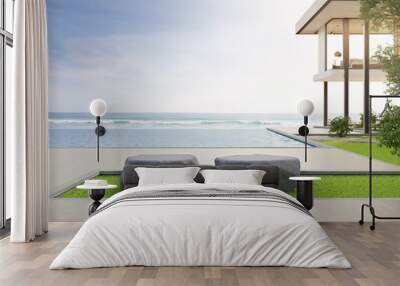 Luxury beach house with sea view swimming pool and terrace in modern design. Empty wooden floor deck at vacation home or hotel. 3d illustration of contemporary holiday villa exterior. Wall mural