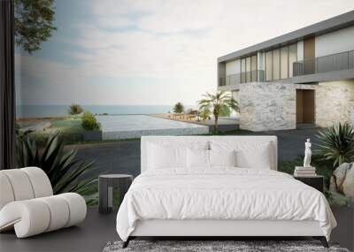 Luxury beach house with sea view swimming pool and terrace in modern design. Lounge chairs on wooden floor deck at vacation home or hotel. 3d illustration of contemporary holiday villa exterior. Wall mural