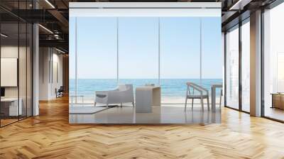 sea view living room and dining room in modern house with white picture frame - 3d rendering Wall mural