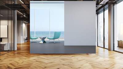 Sea view living room with white wall in modern house - 3D rendering Wall mural