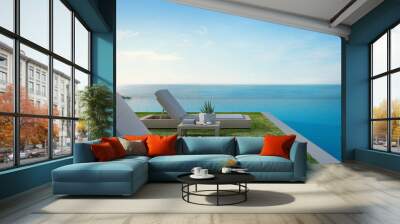 Sea view swimming pool beside terrace and beds in modern luxury beach house with blue sky background, Lounge chairs on green grass at vacation home or hotel - 3d illustration of tourist resort Wall mural