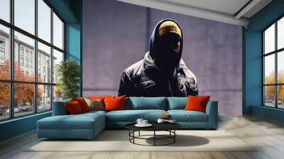 Hooded criminal in dark. Mystery man with hood. Gangster in urban street. Hooligan in hoodie. Stalker with hidden face. Unknown suspicious thief, burglar, hacker or terrorist with grunge background. Wall mural