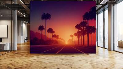 3d illustration of road with palm trees around and sunset Wall mural