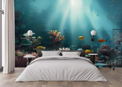 3d illustration of underwater sea colorful tropical fish in the coral reef Wall mural