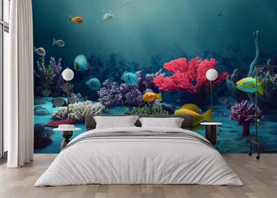 3d illustration of underwater sea colorful tropical fish in the coral reef Wall mural