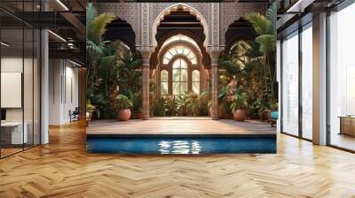 A beautiful, ornate pool area with a large fountain and a couch Wall mural