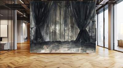 A black and white painting of a room with two windows and two black curtains Wall mural