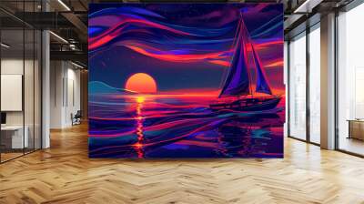 A boat is sailing on a calm sea with a beautiful sunset in the background Wall mural