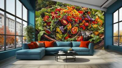 A bowl of salad with tomatoes and greens Wall mural