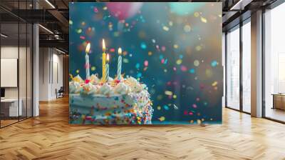 A cake with candles on it is surrounded by colorful confetti Wall mural