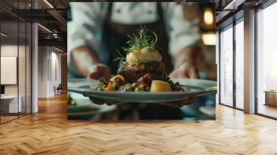 A chef is holding a plate of food with a garnish of parsley Wall mural