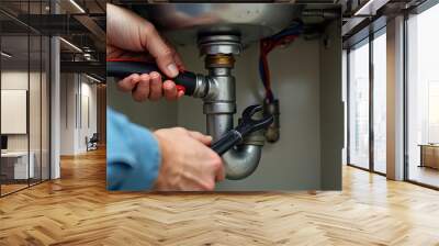 A close-up of a person repairing plumbing under a kitchen sink with tools during a home maintenance task in the afternoon hours Wall mural