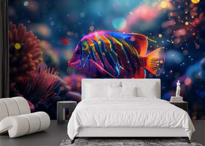 A colorful fish swimming in a tank with bubbles Wall mural