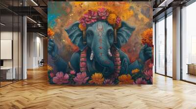 A colorful painting of an elephant with a flower garland on its head Wall mural