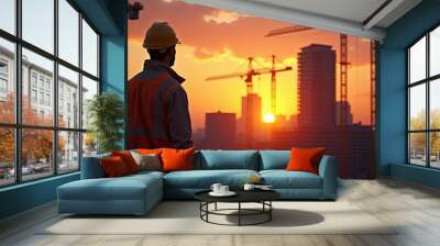 A construction worker observes a sunset behind cranes at a building site in an urban setting during the evening hours Wall mural