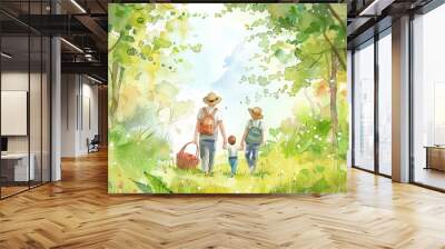 A family of three is walking through a forest Wall mural