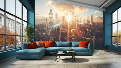 A futuristic cityscape with many buildings and flying objects Wall mural