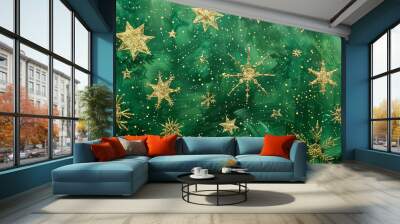 A green background with gold stars and snowflakes Wall mural