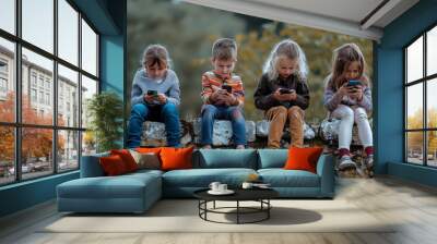 A group of children sitting on a wall, all looking at their cell phones Wall mural