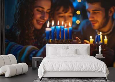 A group of people are holding lit candles in a room Wall mural