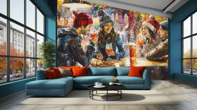 A group of people are sitting at a bar, enjoying drinks and conversation Wall mural