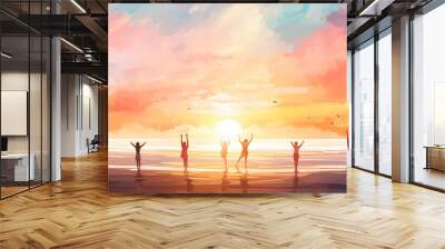 A group of people are standing on a beach Wall mural