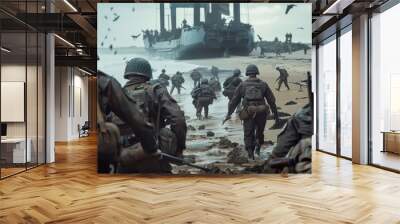 A group of soldiers are running across a beach Wall mural