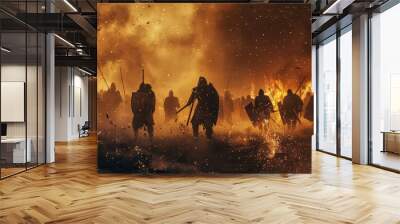 A group of warriors are fighting in a battle, with one of them holding a sword Wall mural