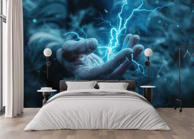 A hand is shown in a blue sky with a lightning bolt in the middle of it Wall mural